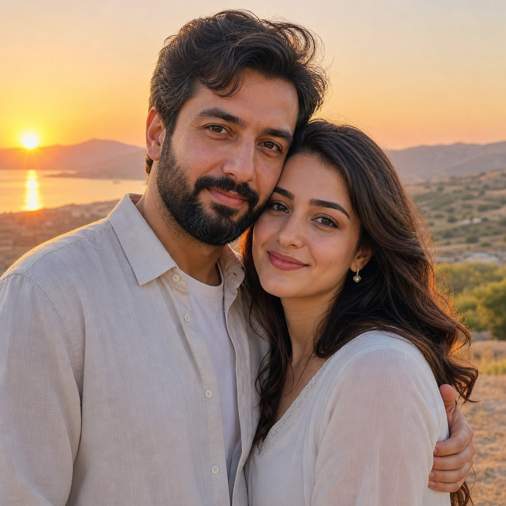 نمونه خروجی پرامپت عکس دو نفره در نور طلایی